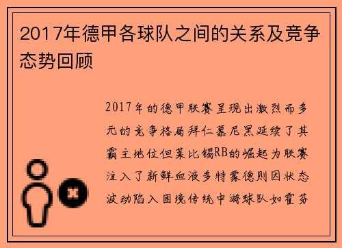 2017年德甲各球队之间的关系及竞争态势回顾